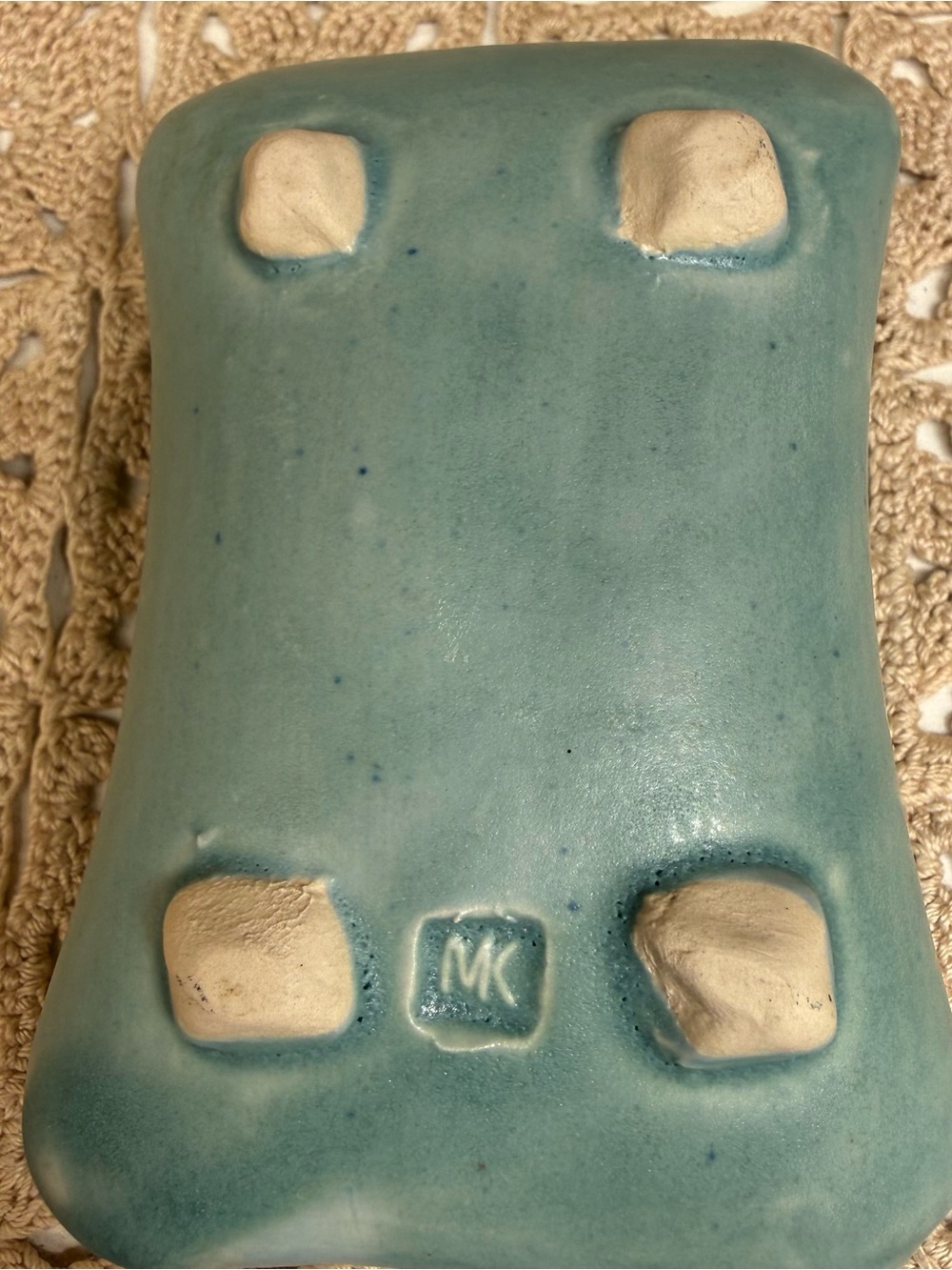 Vintage Studio Pottery Pillow Ikebana Vase Flower Frog Stamped MK Blue Teal - Picture 7 of 11